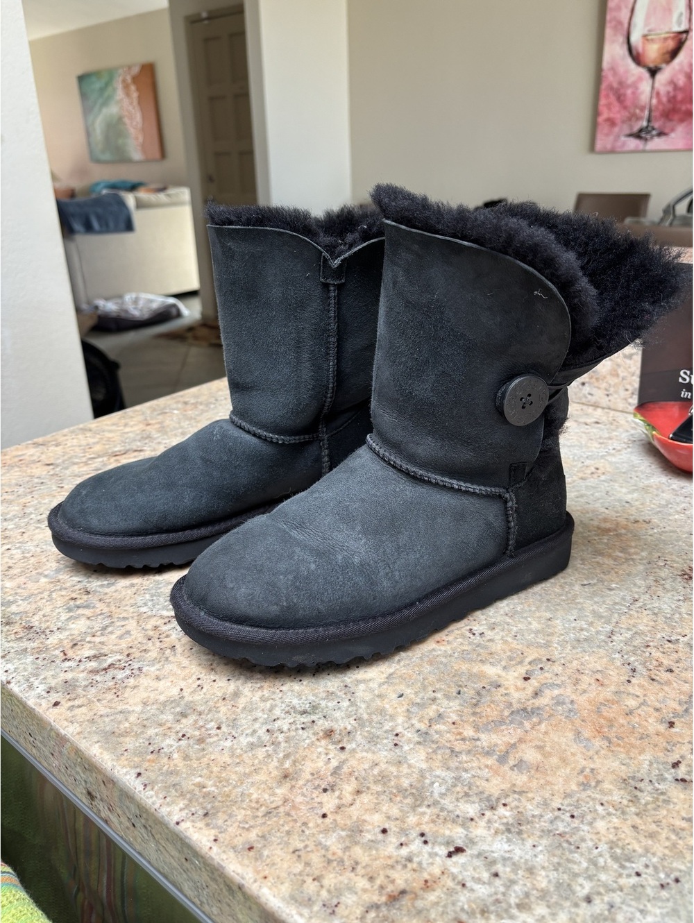 UGG Bailey Button Black Suede Tall Boots Women's Size 7